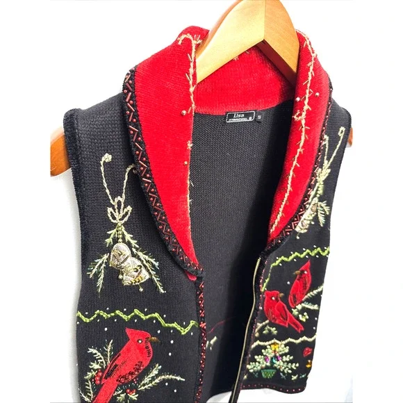 Christmas Holiday Sweater Vest Women’s Size Small Red Cardinals Embellished EUC - Picture 11 of 11